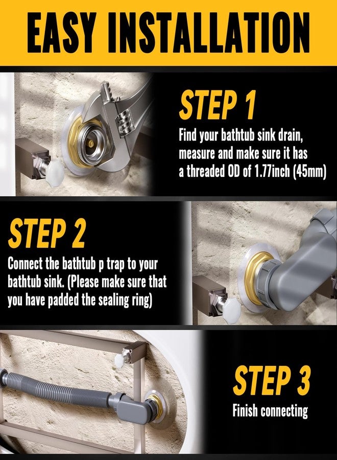 VIVIDA Bathtub Shower Drain Pipe, 1-1/2" Low Profile P Trap Bathtub Fittings, Flexible Flat P Trap Freestanding Tub Drain for Bath and RV, Sealing Tape Included, Gray, 1 PACK - Image 3